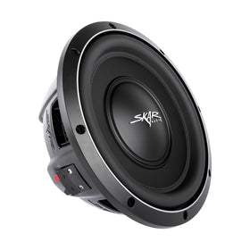 Skar Audio VS-10 D4 subwoofer front view highlighting compact shallow-mount profile for tight spaces