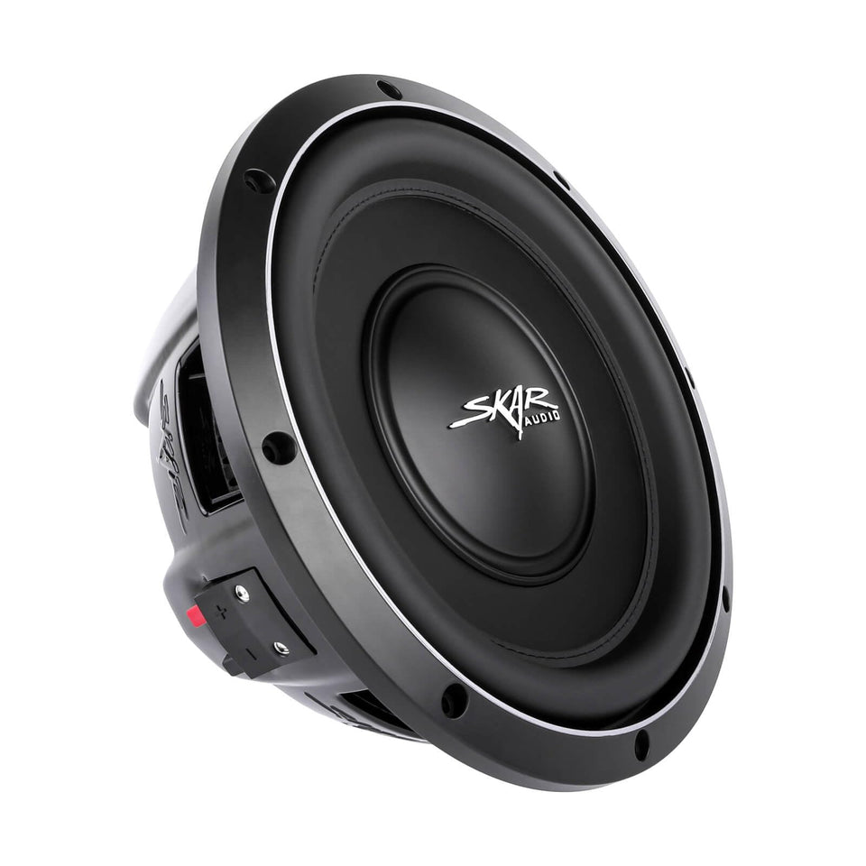 Skar Audio VS-10 D4 subwoofer front view highlighting compact shallow-mount profile for tight spaces