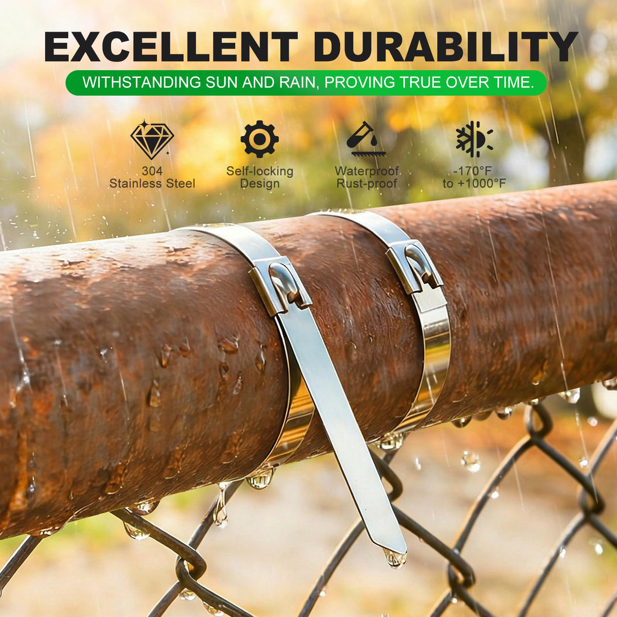 SKIKEN 304 stainless steel zip tie with locking mechanism fixes cables securely.