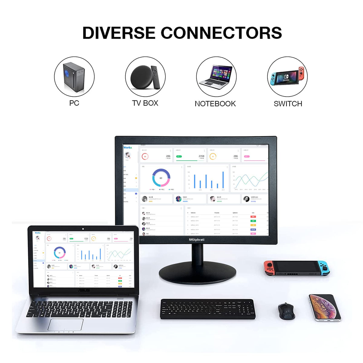 SKitphrati monitor used with PC, laptop, or console for versatile use.