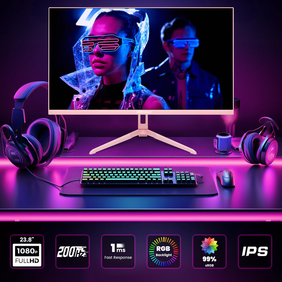 SKitphrati pink monitor on a clean desk setup showing space-saving design