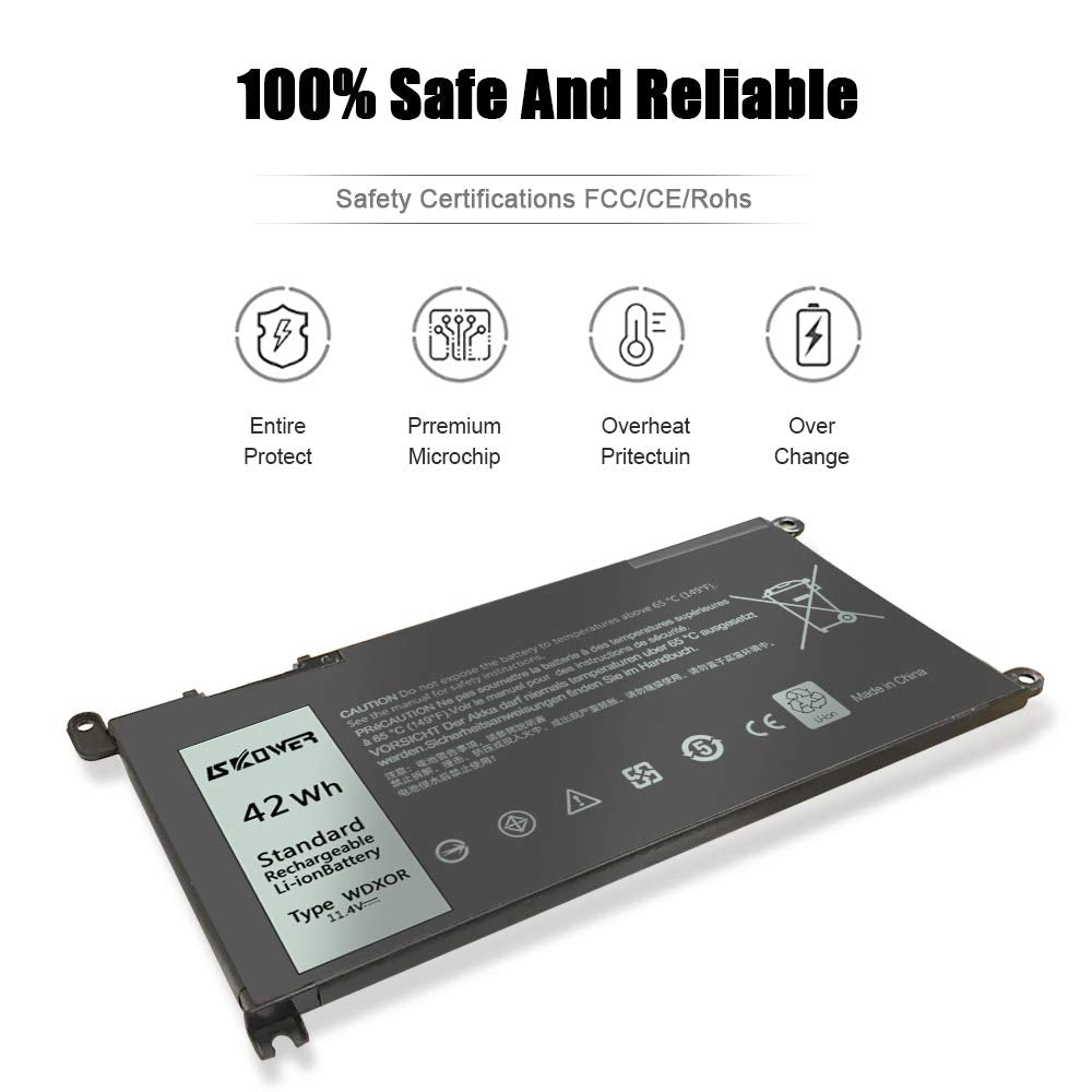 SKOWER WDX0R 42Wh battery safety labels with CE, FCC, RoHS certifications.