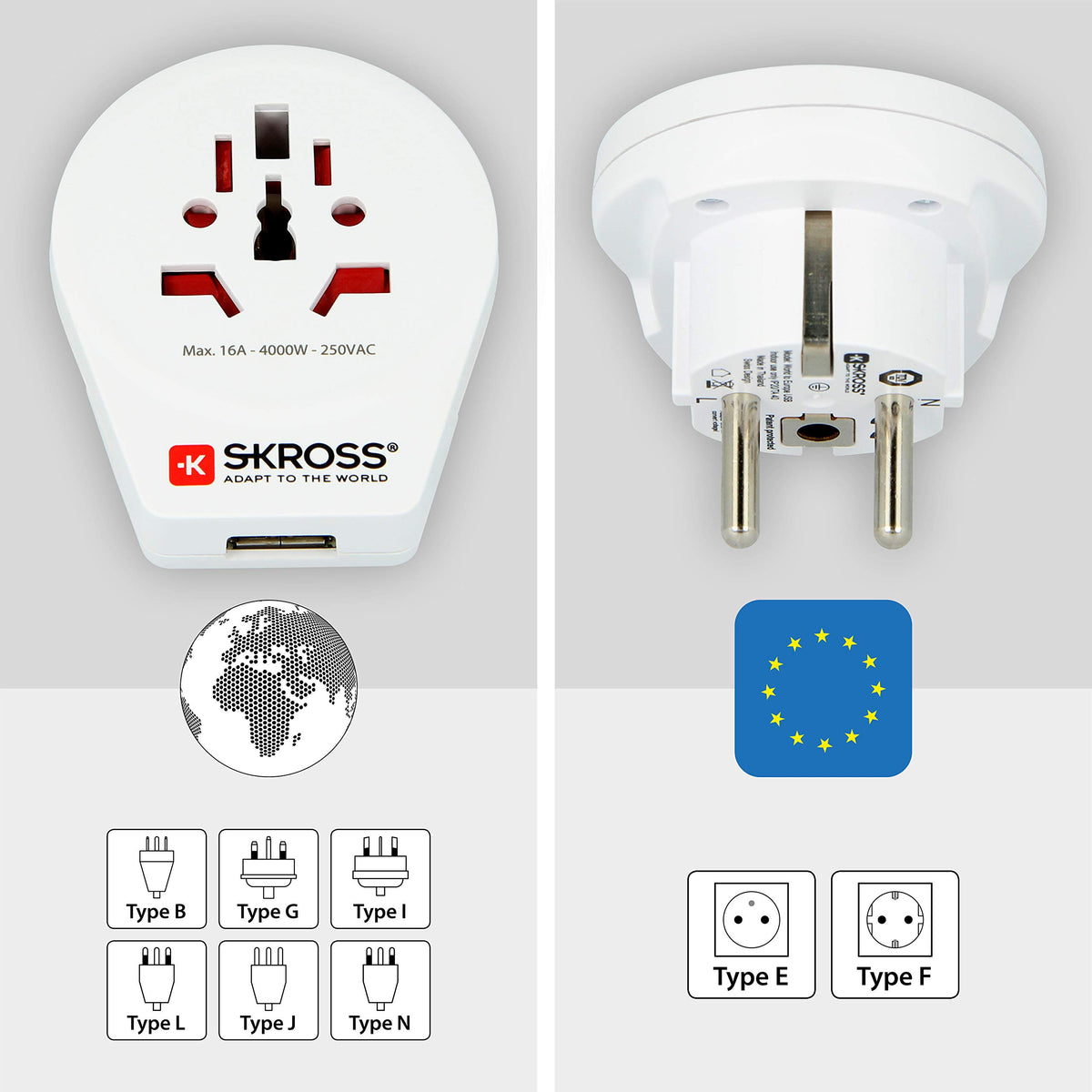 SKROSS world-to-europe adaptor in use plugged into a European socket