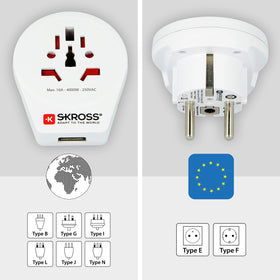 SKROSS world-to-europe adaptor in use plugged into a European socket