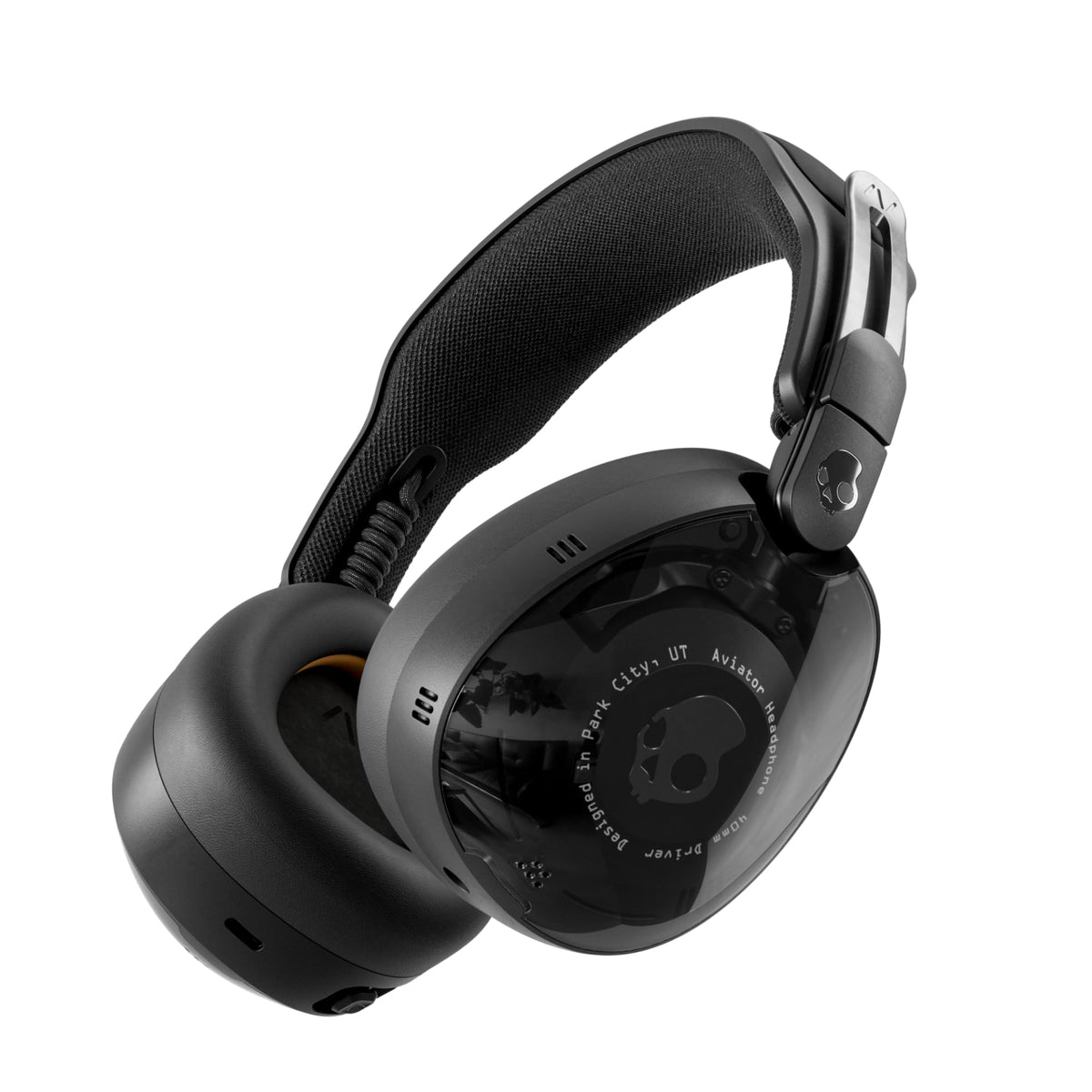 Skullcandy Aviator 900 ANC headphones on ears providing immersive sound and comfort.