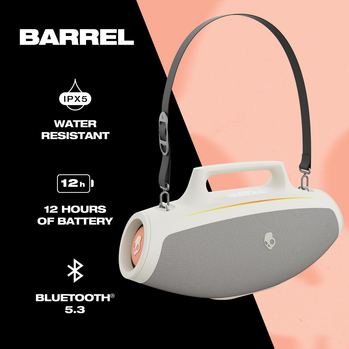 Skullcandy Barrel IPX5 water resistance helps you keep music flowing during light rain.