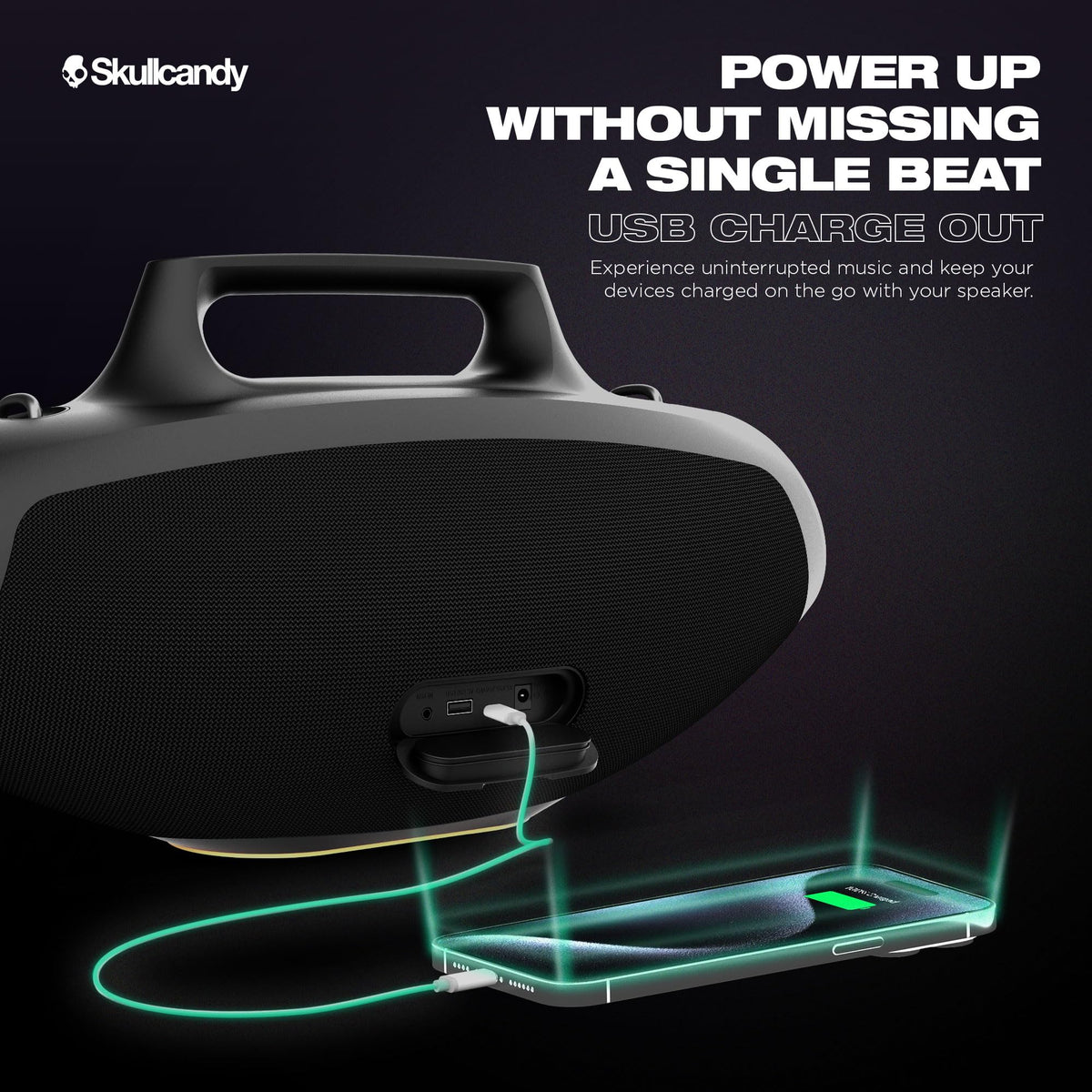 Skullcandy Barrel USB-C and USB-A output keeps devices charged on the move.