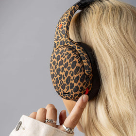 Close-up of leopard ear cups showing comfortable fit