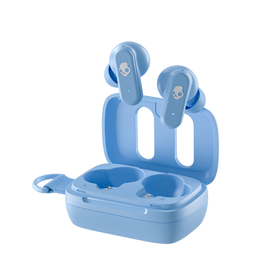 Skullcandy Dime 3 front view showing compact earbuds and case for portability