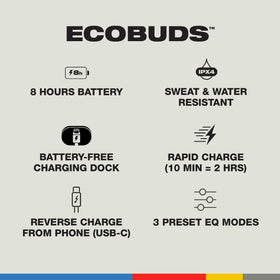 Skullcandy EcoBuds rapid-charge-2-hours delivers quick listening on the move.
