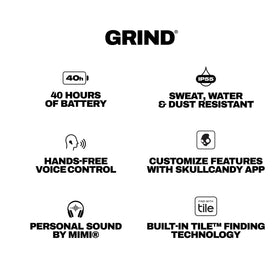 Smartphone with Skullcandy app and Grind settings showing personalized sound control benefit