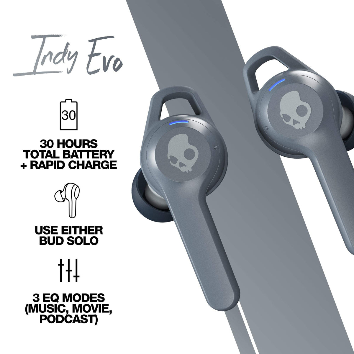Skullcandy Indy Evo charging case open with earbuds, demonstrating compact battery storage