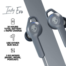 Skullcandy Indy Evo charging case open with earbuds, demonstrating compact battery storage