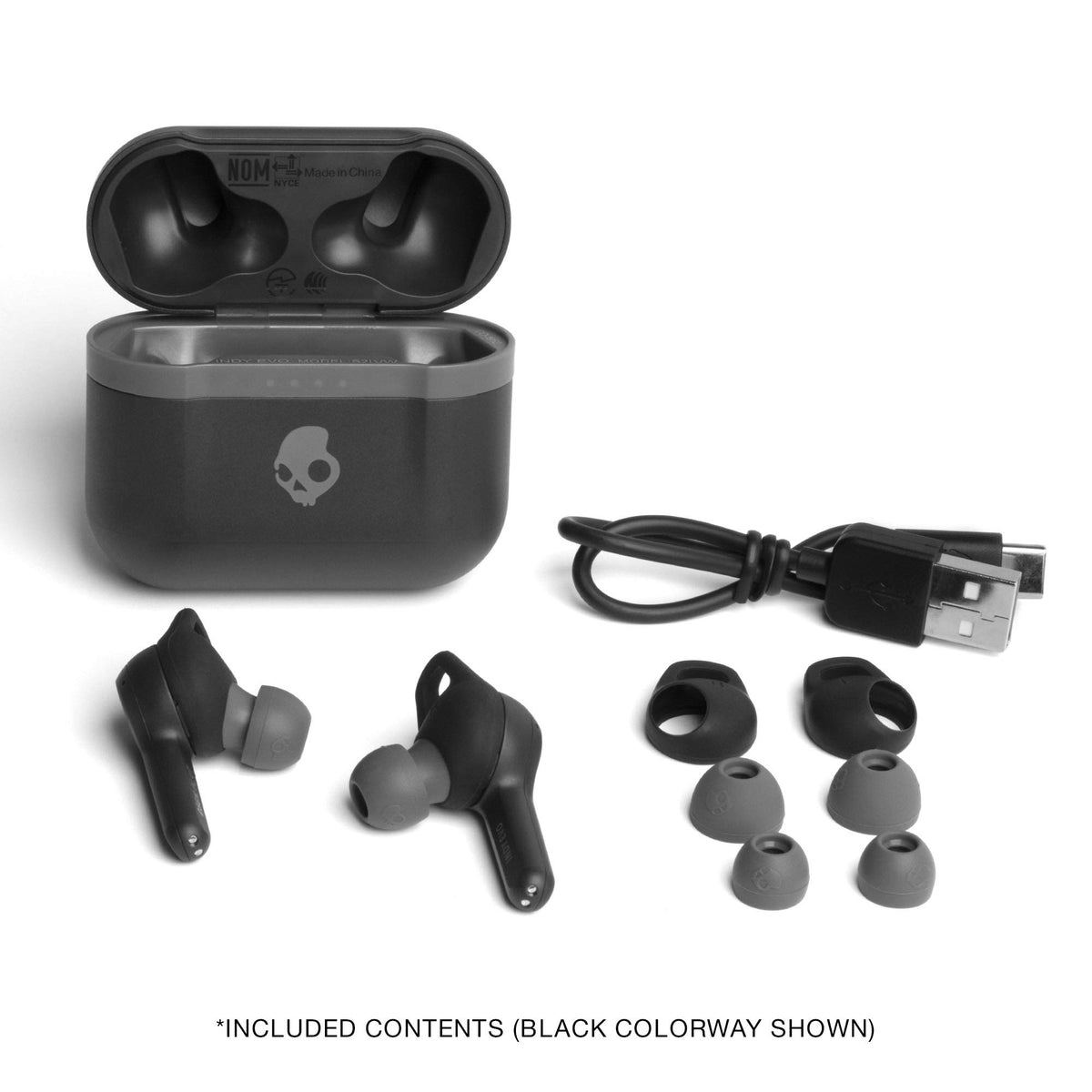 Skullcandy Indy Evo open charging case displaying earbuds and long battery advantage
