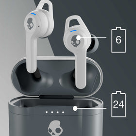 Skullcandy Indy Evo beside a smartphone for scale, shows compact portability