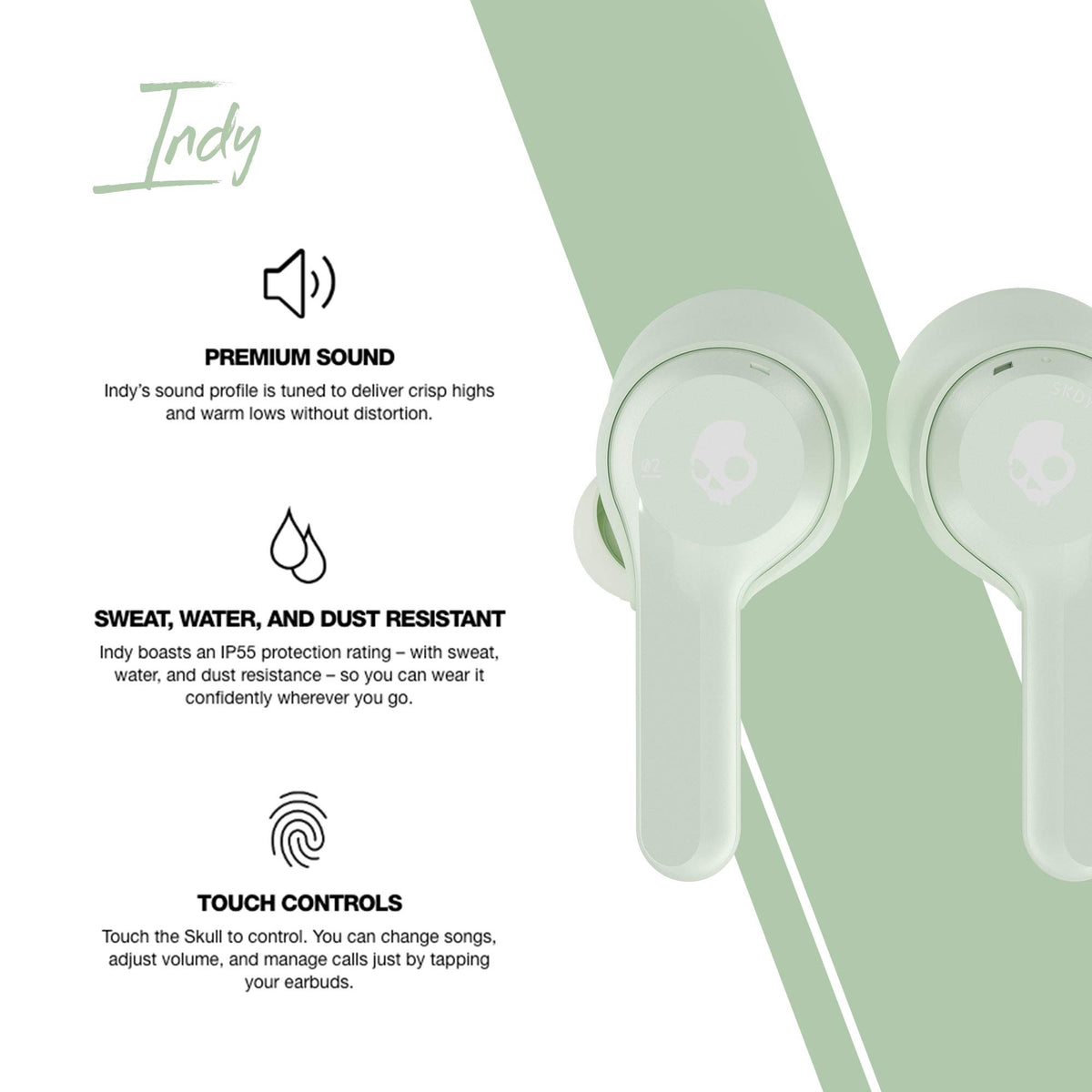 Skullcandy Indy mint earbud closeup showing finish and build quality