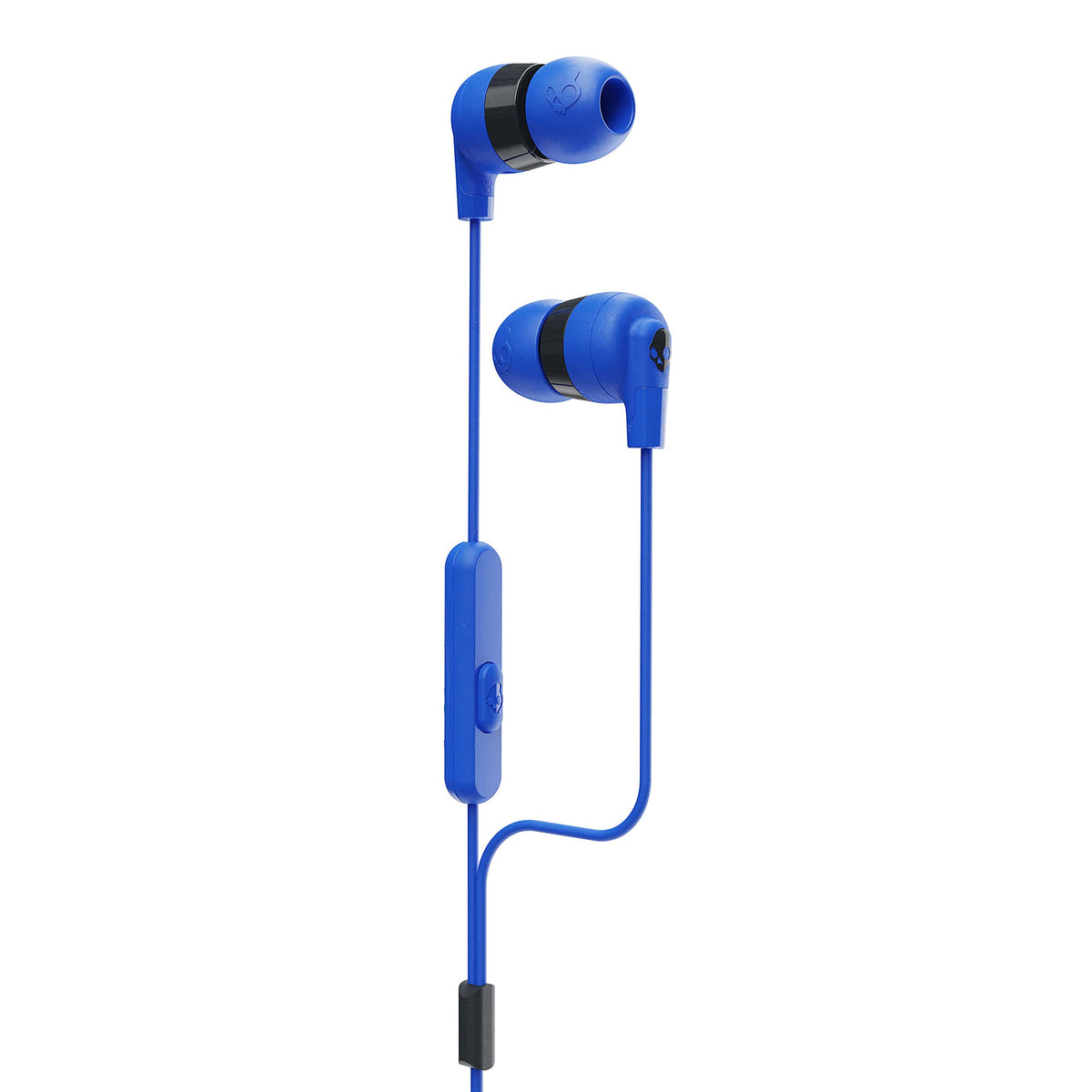 Skullcandy Ink'd+ earbuds in cobalt blue with gel tips for a comfortable, customizable fit.
