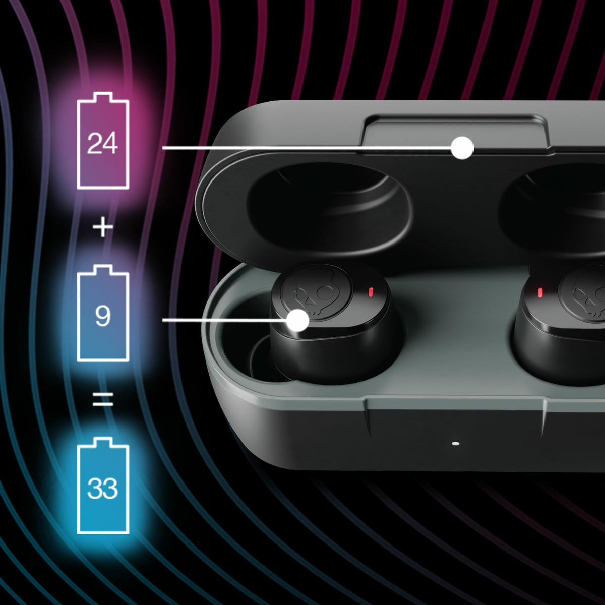 Skullcandy charging case open with earbuds highlighting long 33 hour battery life
