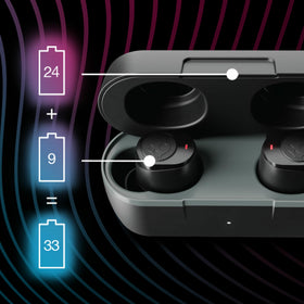 Skullcandy charging case open with earbuds highlighting long 33 hour battery life