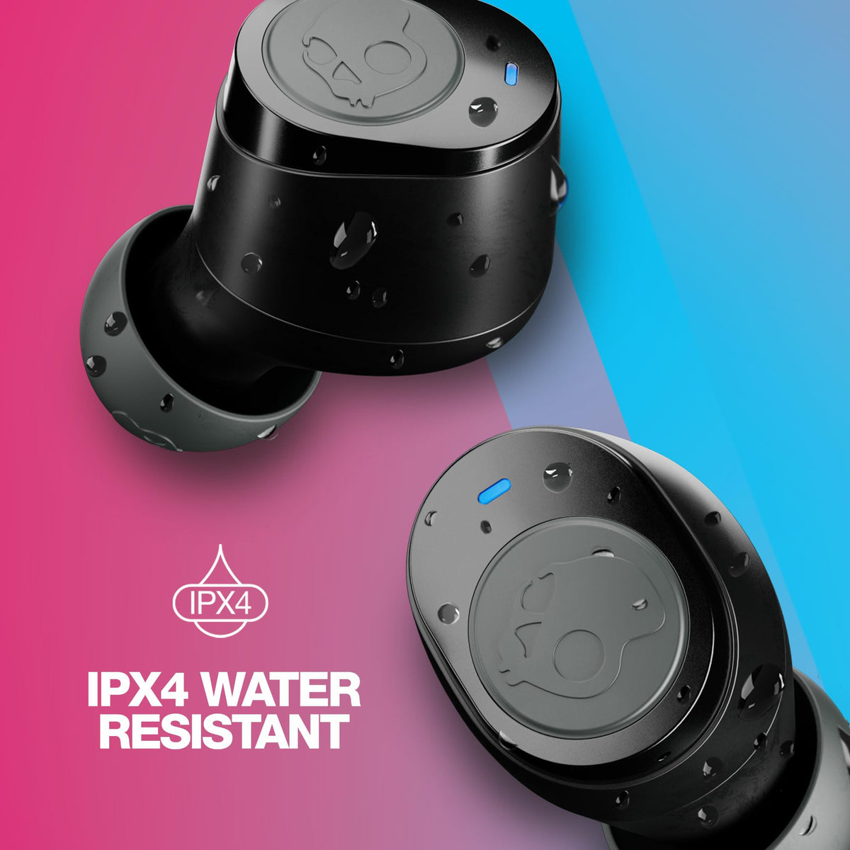 Skullcandy close up of earbud buttons and mesh for tactile control and durability