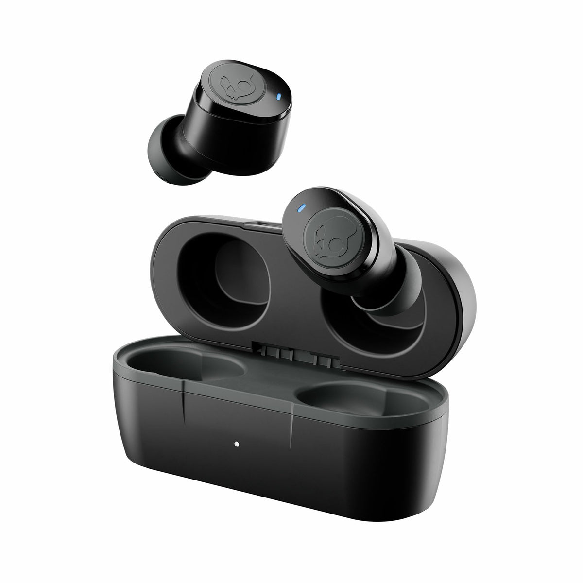 Skullcandy front view of earbuds and case showing compact design and portability