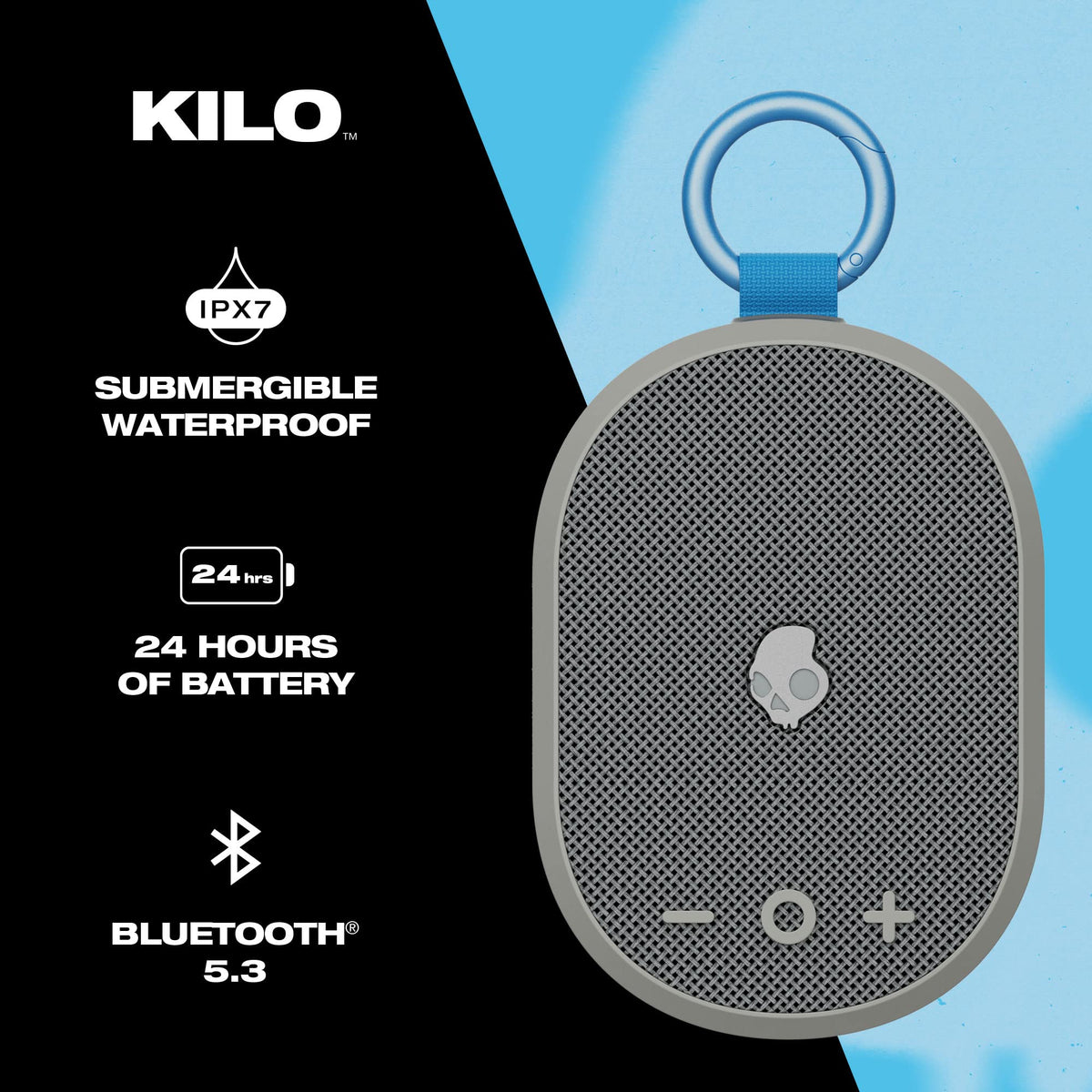 Skullcandy Kilo clipped by anodized carabiner for secure hands-free carry benefit