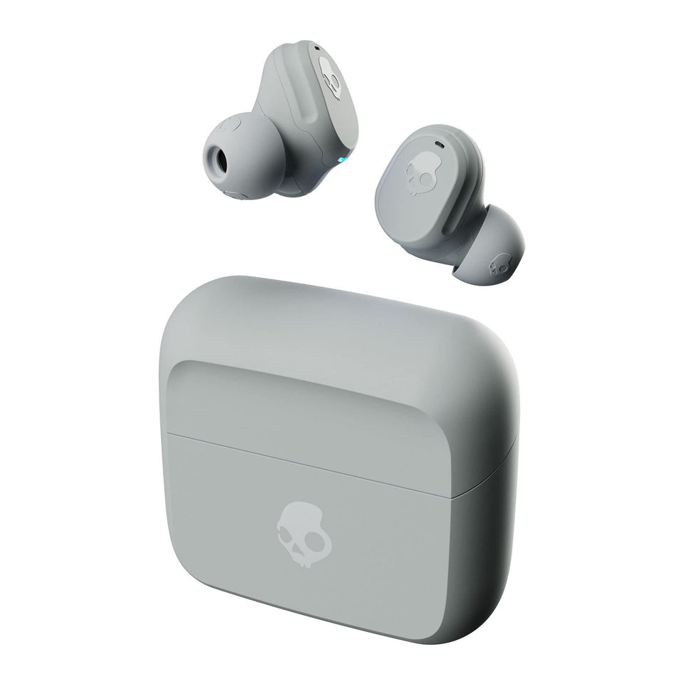 Skullcandy Mod front view showing light grey blue finish and compact case benefit