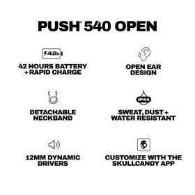 Skullcandy Push 540 secure-fit ear hooks keep buds in place during activity.