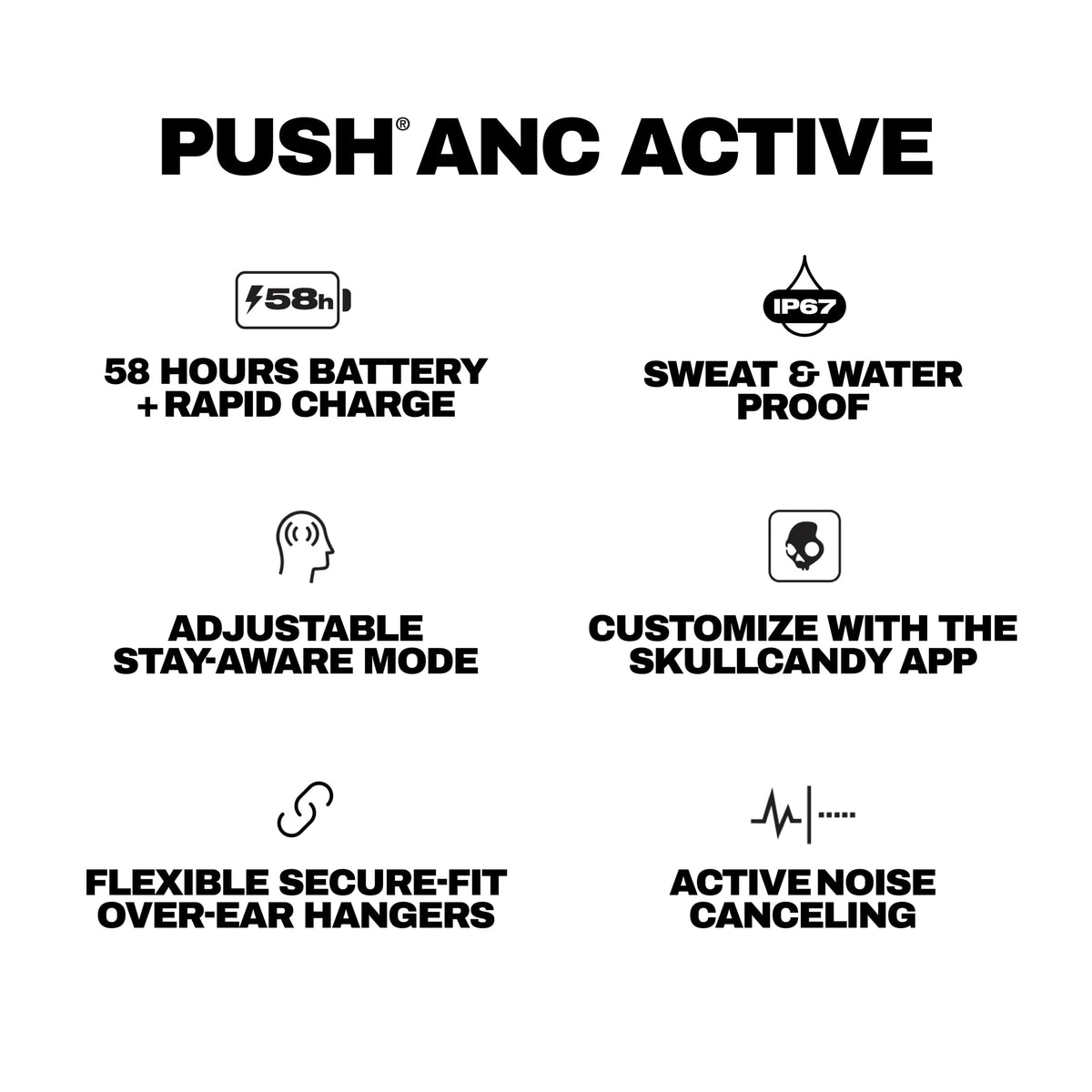 Skullcandy Push ANC Active Earbuds sweatproof design suitable for workouts