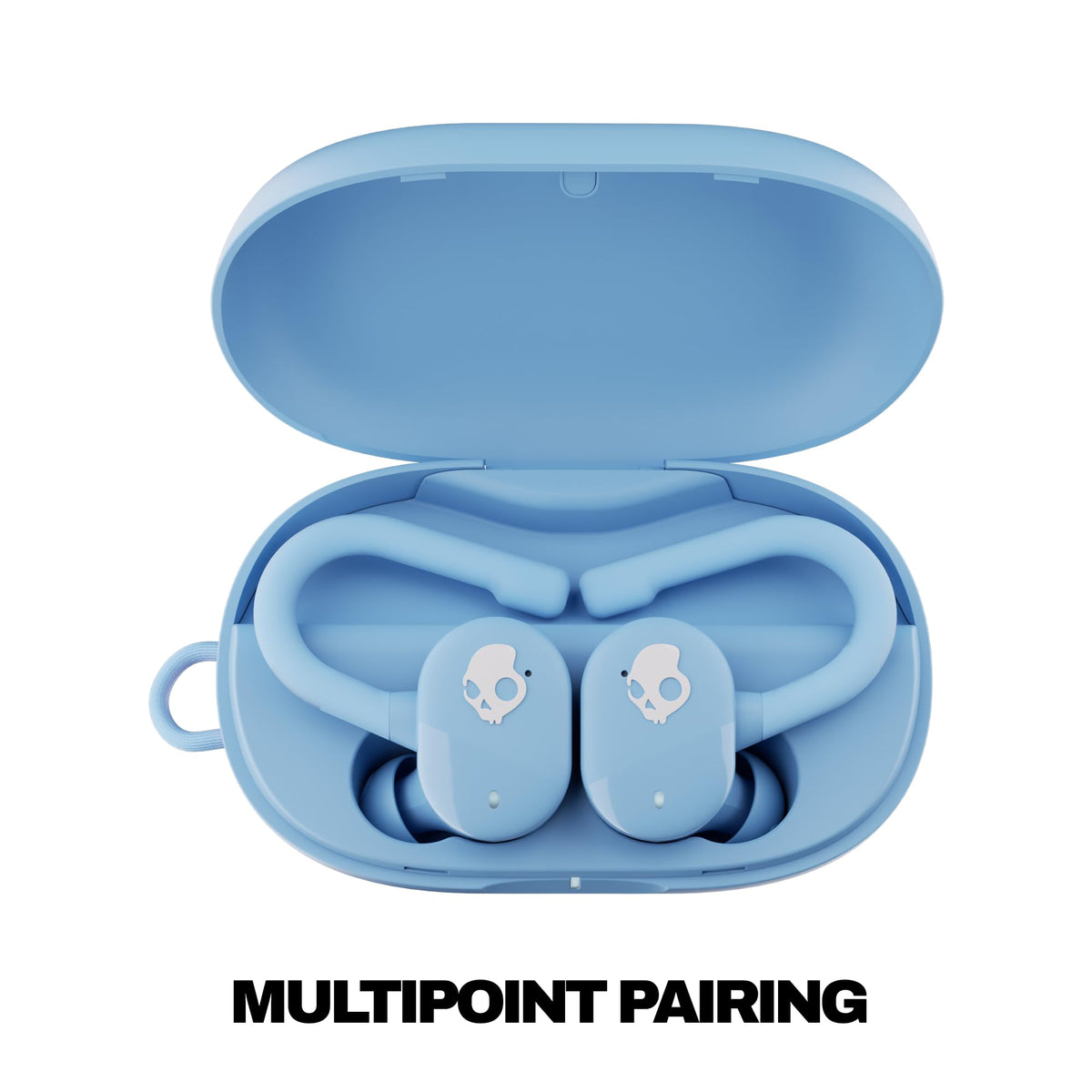 Skullcandy Push Play Active earbuds worn securely with a secure-fit hanger during workouts