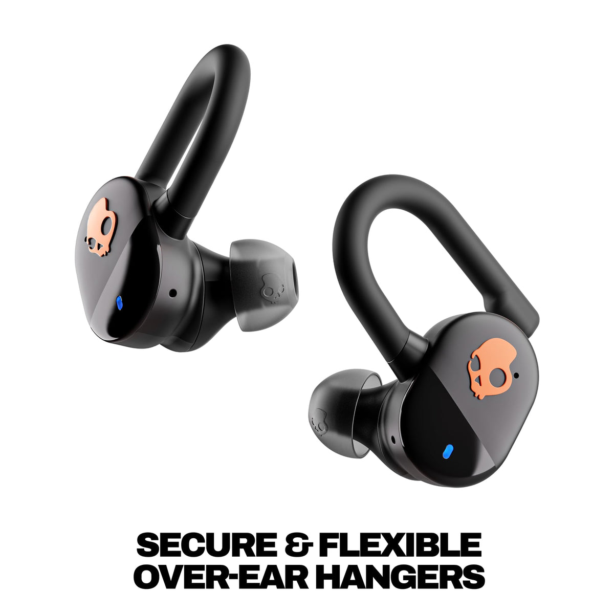 Skullcandy Push Play Active worn with secure-fit over-ear hanger during workouts