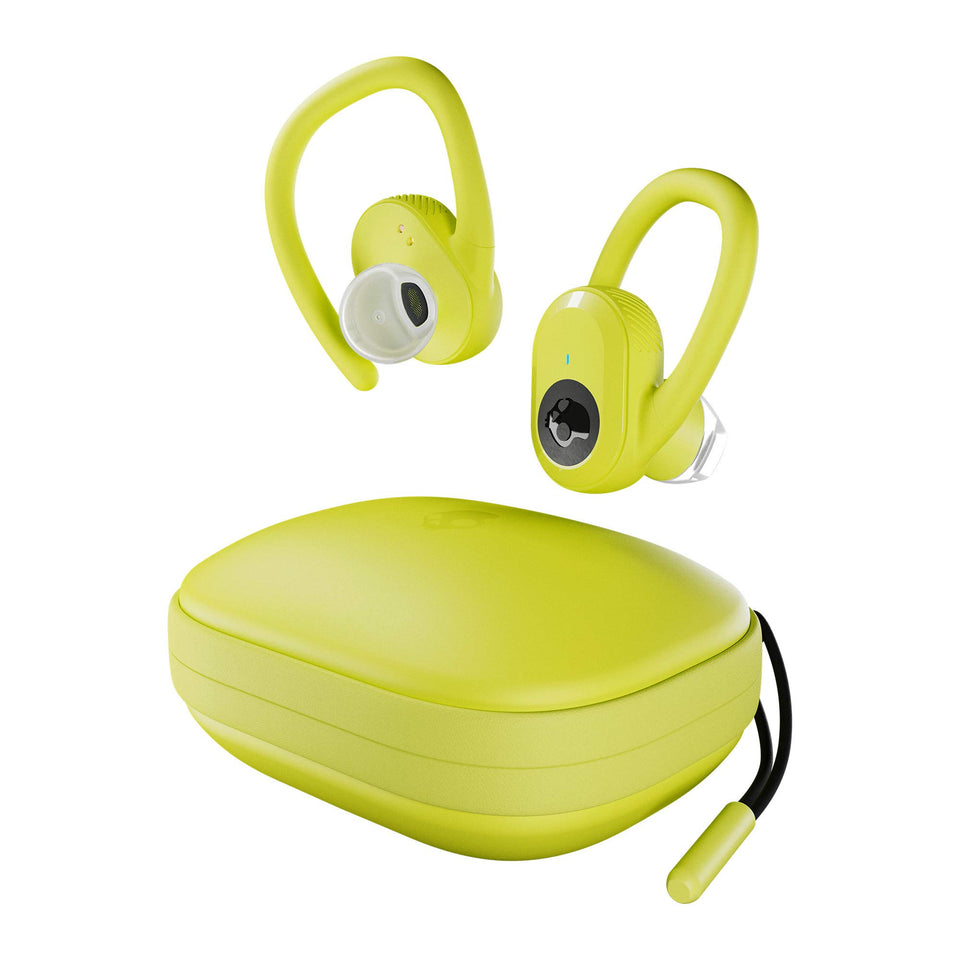 Skullcandy front packaging showing electric yellow earbuds and benefits