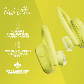 Skullcandy wireless charging case open with buds, highlighting long battery