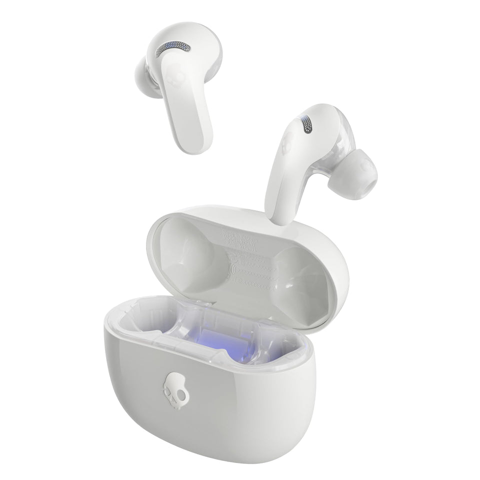 Skullcandy Rail ANC earbuds in case, showing portable charging and ANC