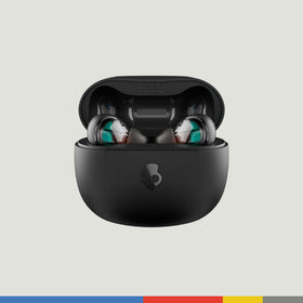 Skullcandy Rail open charging case displaying battery-ready earbuds and rapid-charge convenience