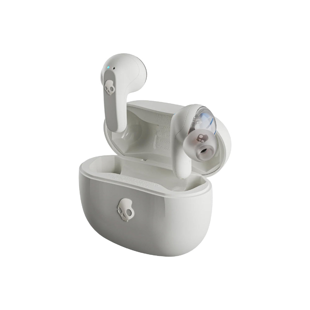 Skullcandy Rail earbuds front view highlighting long battery life for all-day listening.