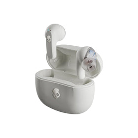 Skullcandy Rail earbuds front view highlighting long battery life for all-day listening.