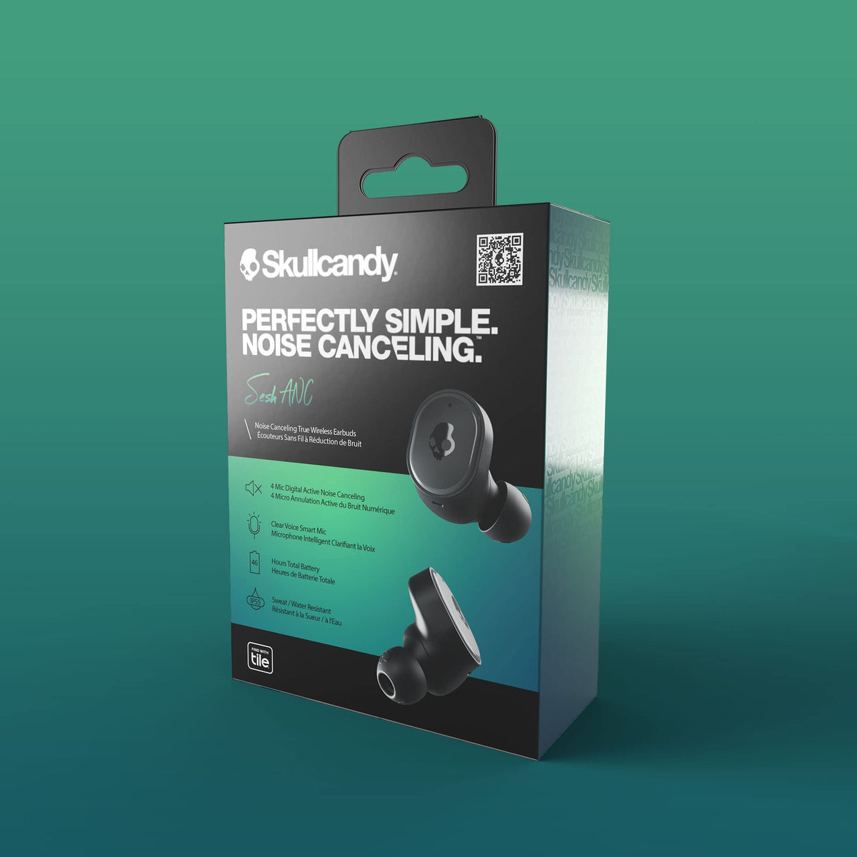 Skullcandy Sesh ANC true black worn during workout with sweat resistance.