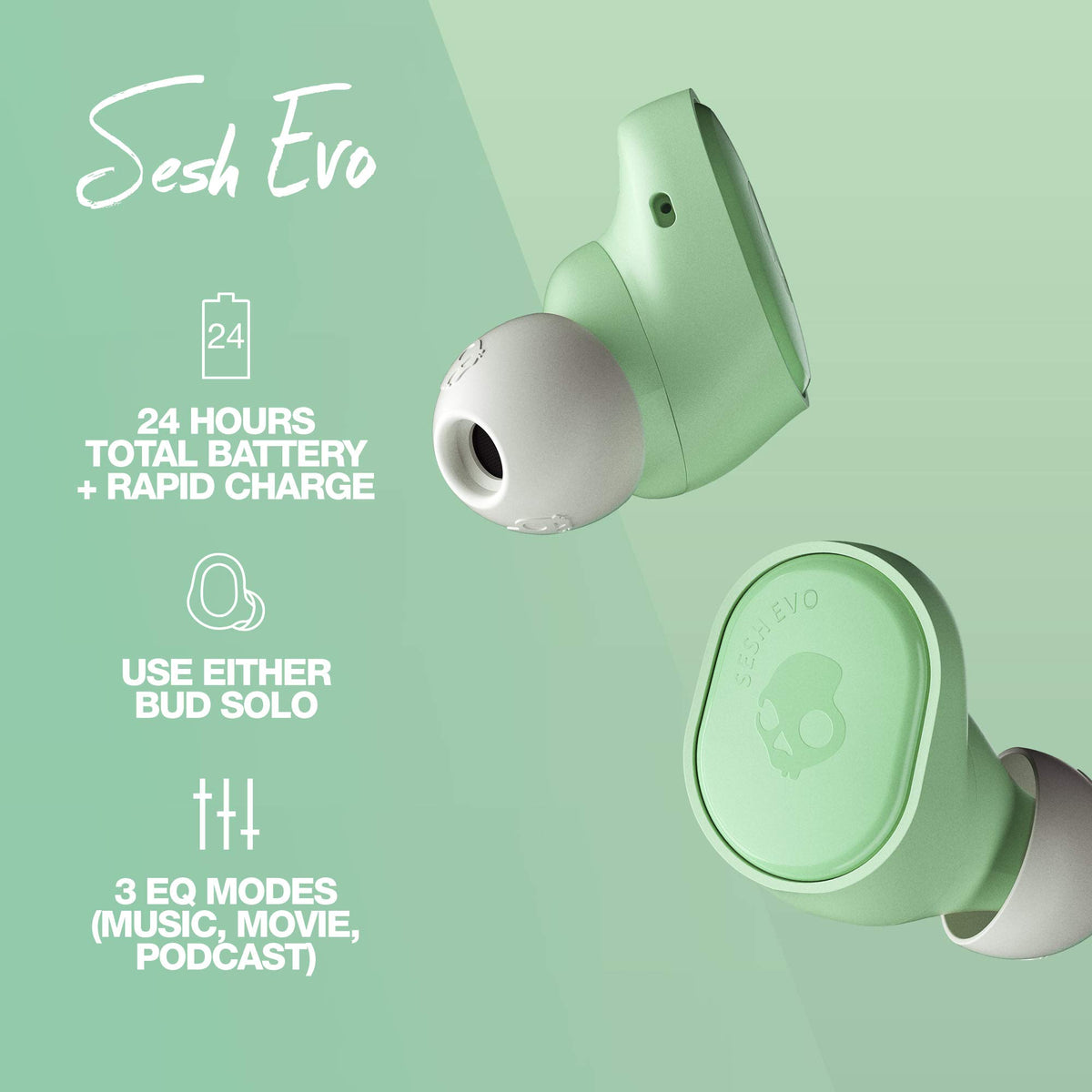 Skullcandy earbud worn in ear demonstrating comfortable fit
