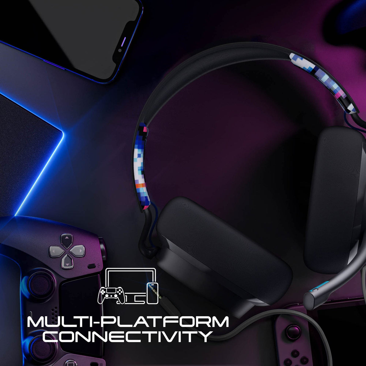 Skullcandy SLYR Pro multi-platform logos highlighting PC, PlayStation, Xbox compatibility