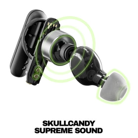 Close-up of Skullcandy Smokin’ Buds earbud texture, shows ergonomic detail for comfort