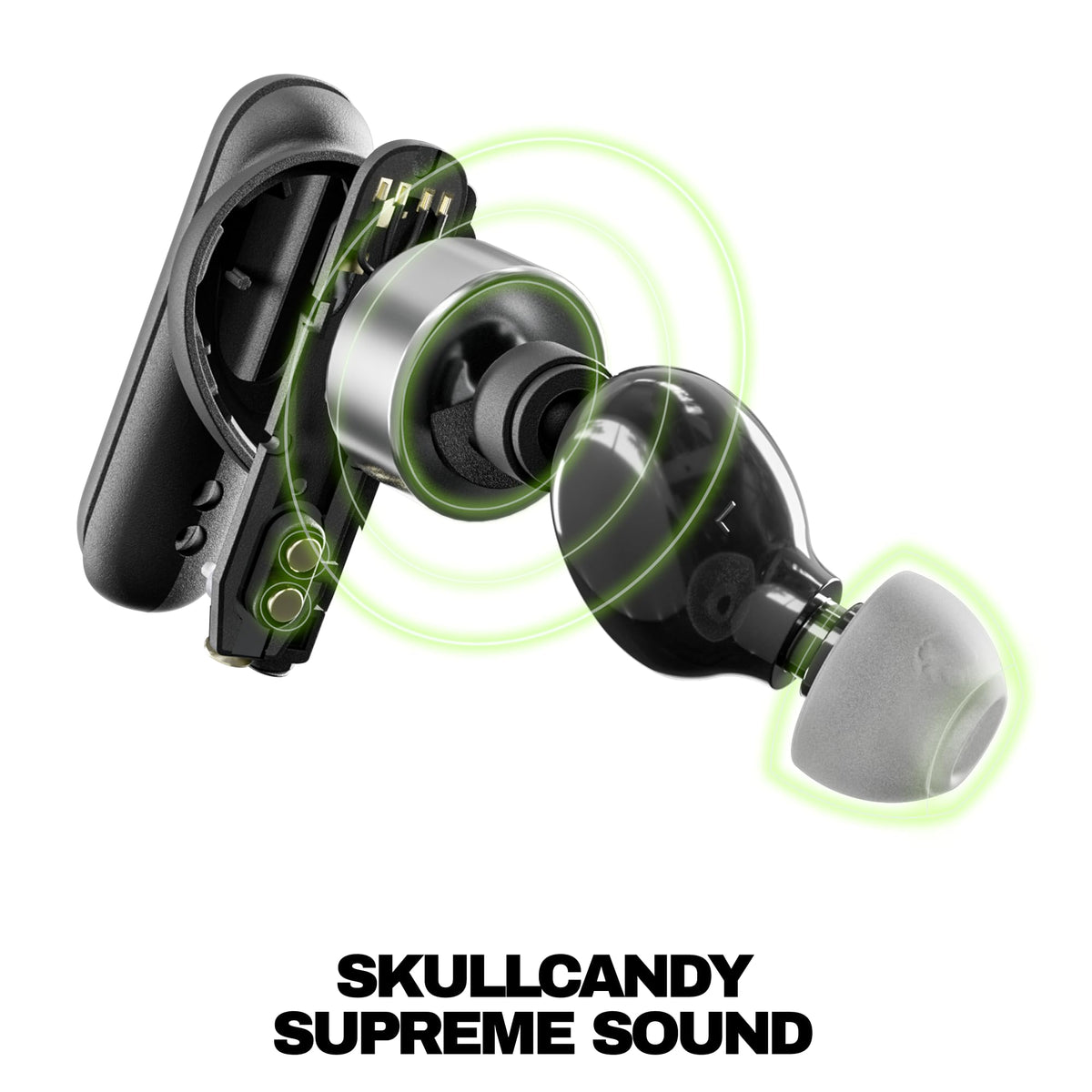 Skullcandy Smokin’ Buds earbud closeup showing textured finish and ergonomic tip for secure fit