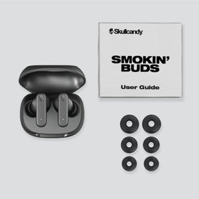 Product label and recyclable packaging for Skullcandy Smokin’ Buds highlighting sustainable materials
