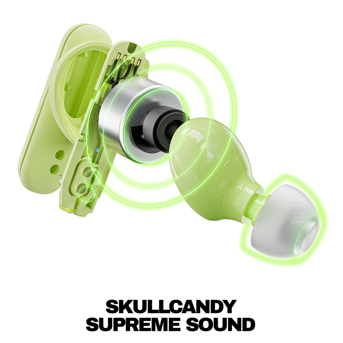 Skullcandy earbud close-up showing Matcha texture and durable build