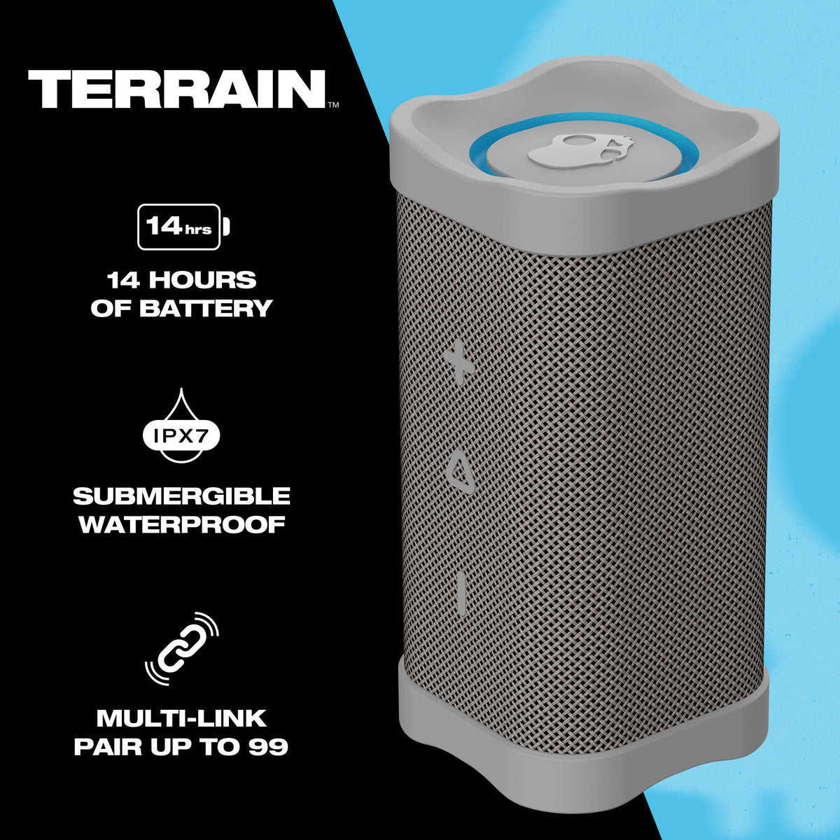 Skullcandy Terrain woven mesh close-up highlighting waterproof fabric and clear audio