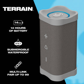 Skullcandy Terrain woven mesh close-up highlighting waterproof fabric and clear audio