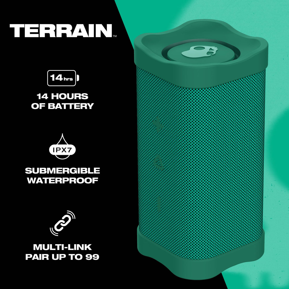 Skullcandy Terrain close-up of passive radiator detail, improves bass performance