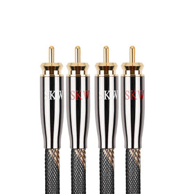 SKW frontal view of dual RCA plugs showing durable polished housings and neat cable ends for secure connections