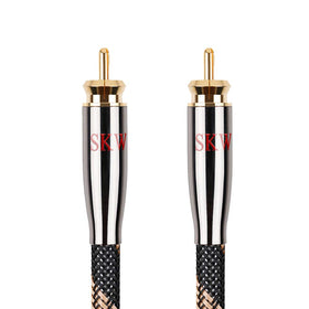 SKW subwoofer cable front packaging showing durable connectors and length benefit