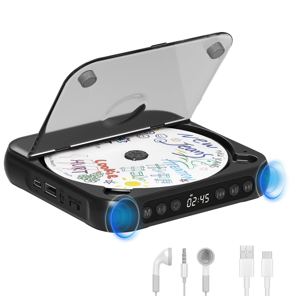 SKYANS portable CD player front view showing compact design and benefits